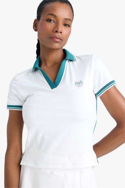 Standart Fit Polo Yaka Baskılı Sporcu Kısa Kollu Beyaz Tişört