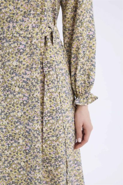 فستان ميدي ردن طويل بياخة مستديرة وحزام