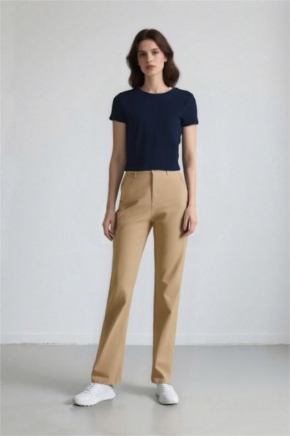 %100 Pamuk Straight Fıt Gabardin Pantolon Yüksek Bel