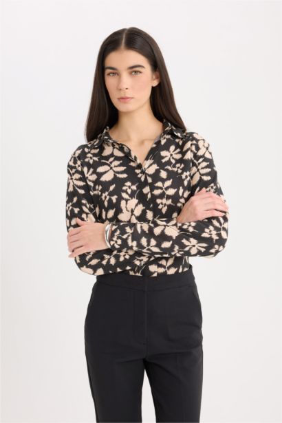 Oversize Shirt Collar Printed Long Sleeve Tunic