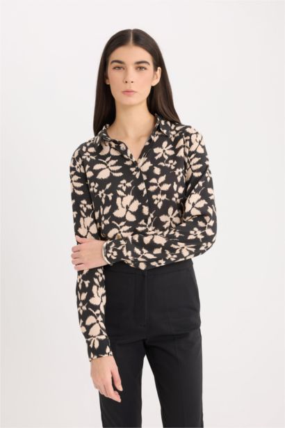 Oversize Shirt Collar Printed Long Sleeve Tunic