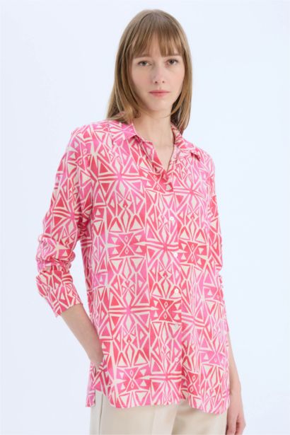 Oversize Shirt Collar Printed Long Sleeve Tunic