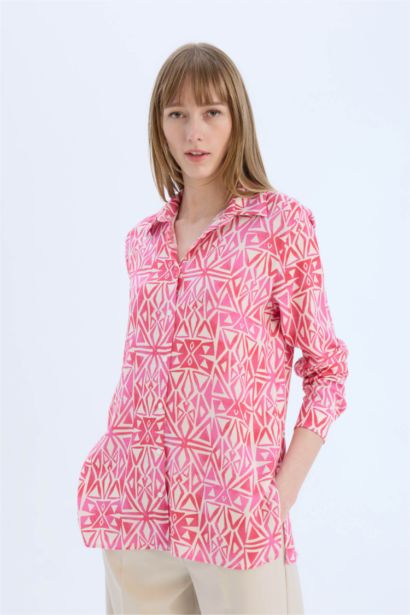 Oversize Shirt Collar Printed Long Sleeve Tunic