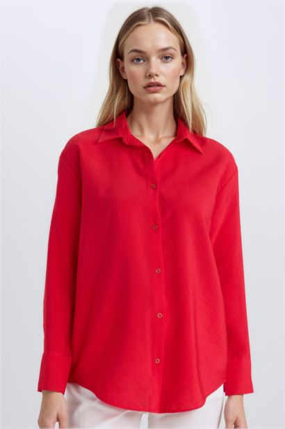 Oversize Geniş Kalıp Basic Düz Uzun Kollu Kırmızı Gömlek