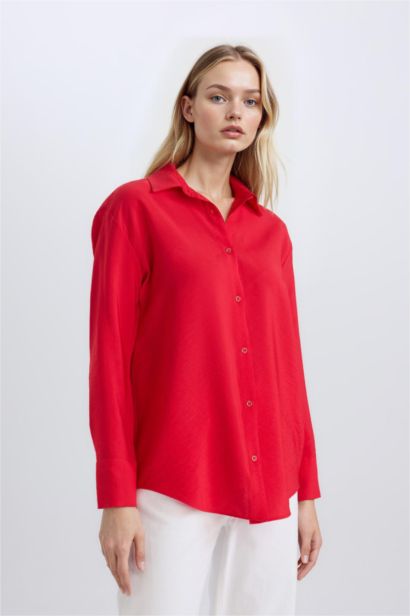 Oversize Geniş Kalıp Basic Düz Uzun Kollu Kırmızı Gömlek
