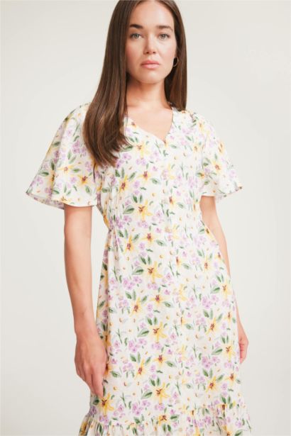 V Yaka Çiçek Desenli Kısa Kollu Midi Yazlık Elbise