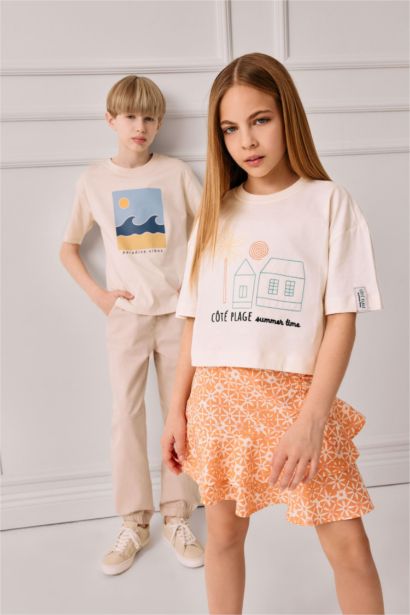 T-shirt imprimé à manches courtes et col rond pour fille