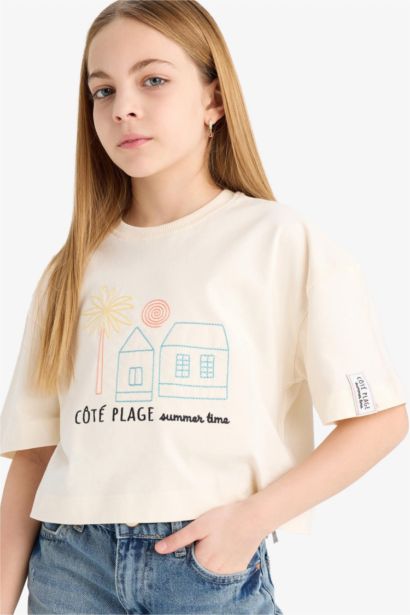 T-shirt imprimé à manches courtes et col rond pour fille