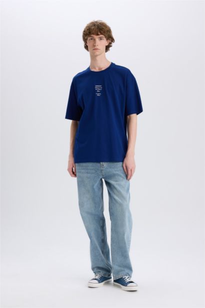 %100 Pamuk Boxy Fit Bisiklet Yaka Sırt Baskılı Kısa Kollu Tişört