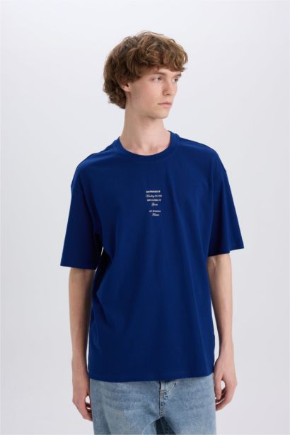 %100 Pamuk Boxy Fit Bisiklet Yaka Sırt Baskılı Kısa Kollu Tişört