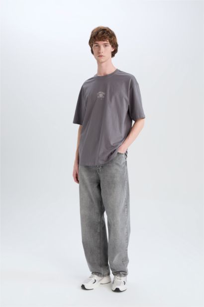 تيشيرت قطن أوفر سايز مطبوع برقبة مستديرة