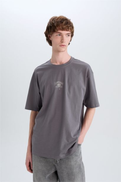 تيشيرت قطن أوفر سايز مطبوع برقبة مستديرة