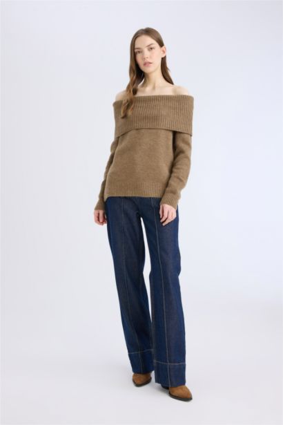 Regular Fıt Açık Omuz Triko Kazak