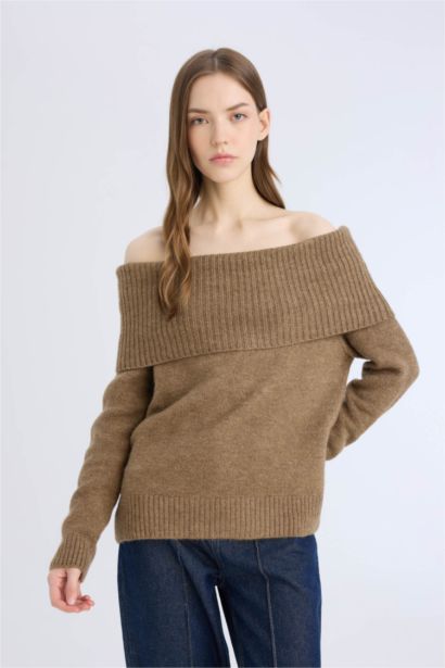 Regular Fıt Açık Omuz Triko Kazak