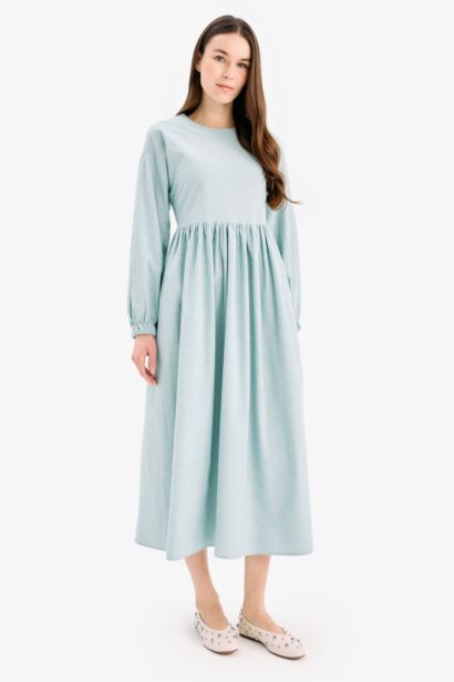 Crew Neck Linen Blend Long Sleeve Dress