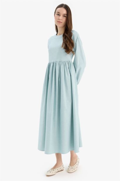 Crew Neck Linen Blend Long Sleeve Dress