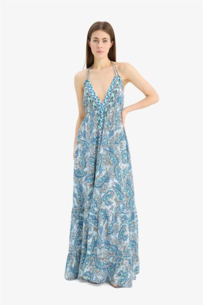 Regular Fit Etnik Desenli Boyundan Bağlamalı Maxi Plaj Elbisesi