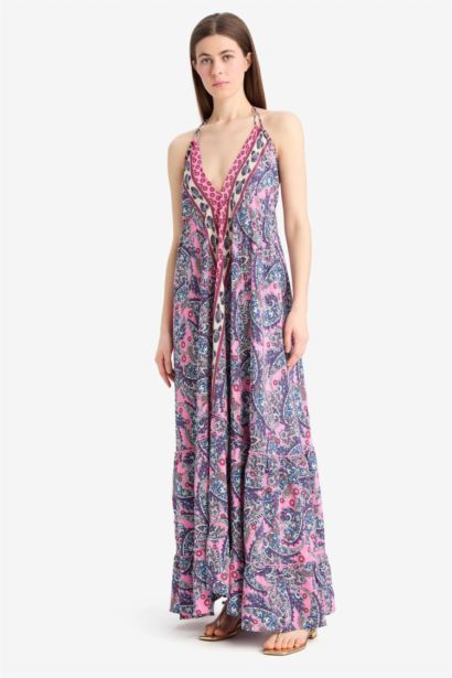 Regular Fit Etnik Desenli Boyundan Bağlamalı Maxi Plaj Elbisesi-Fall in Love