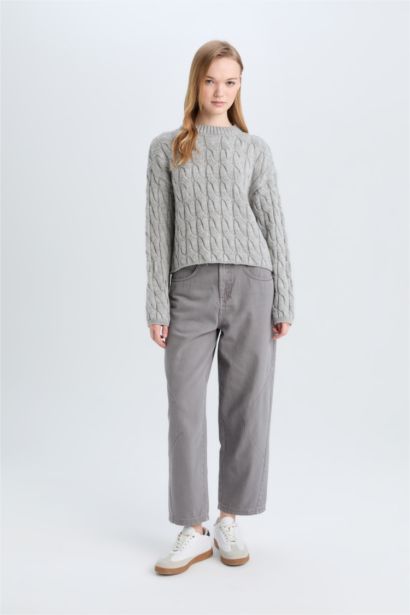 Regular Fit Bisiklet Yaka Saç Örgülü Triko Kazak