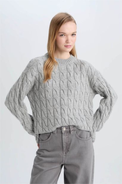 Regular Fit Bisiklet Yaka Saç Örgülü Triko Kazak