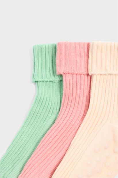 Kaydırmaz Taban 3'lü Pamuklu Uzun Çorap Kız Bebek