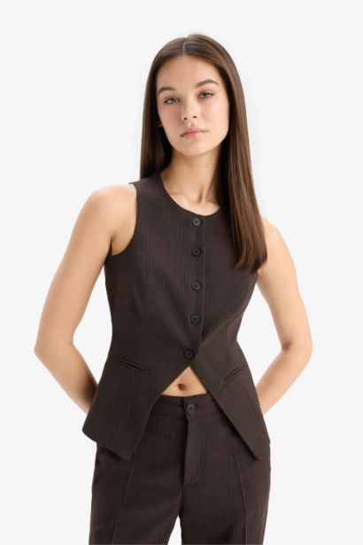 Afra x DeFacto Fitted Bisiklet Yaka Düğmeli Çizgili Yelek