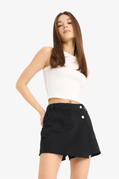 Yüksek Bel Cepli Mini Jean Şort Etek