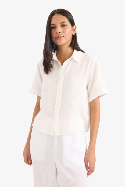 Regular Fit Shirt Collar Muslin Short Sleeve Shirt
