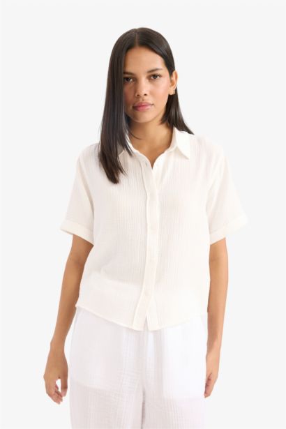 Regular Fit Shirt Collar Muslin Short Sleeve Shirt