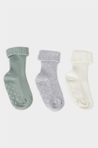 Kız Bebek Kaydırmaz Taban 3'lü Pamuklu Uzun Çorap