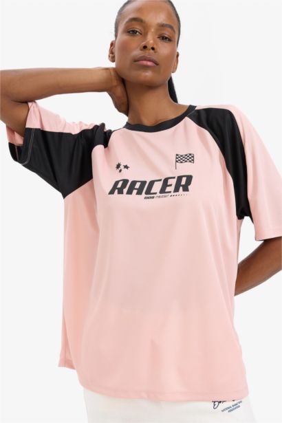 Boxy Fit Bisiklet Yaka Baskılı Sporcu Kısa Kollu Tişört