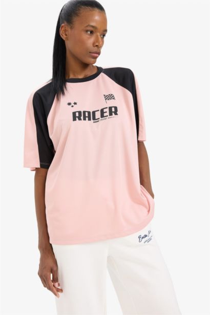 Boxy Fit Bisiklet Yaka Baskılı Sporcu Kısa Kollu Tişört