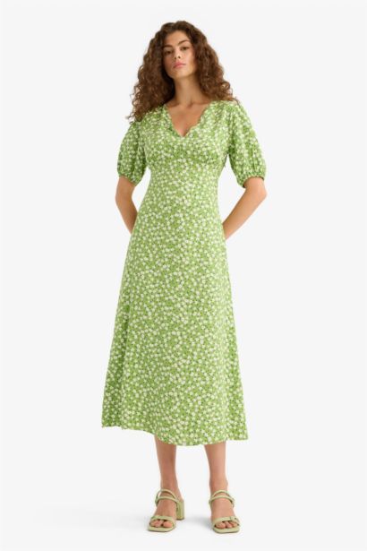 V-Neck Floral Short Sleeve Midi Dress