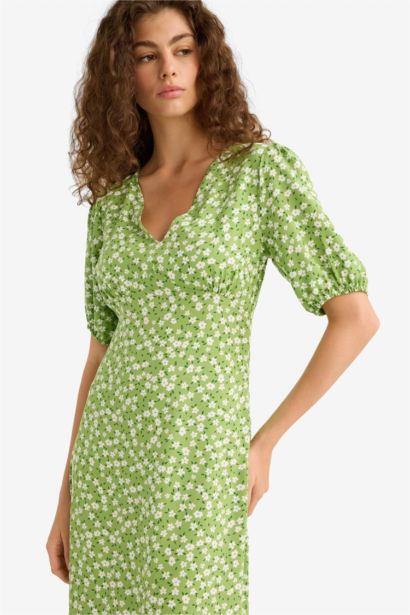 V-Neck Floral Short Sleeve Midi Dress