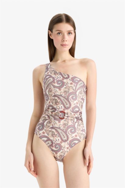 Fall in Love One Shoulder Shawl Patterned Swimsuit