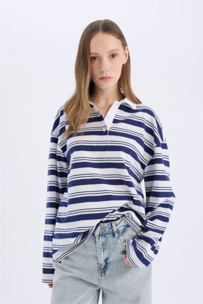 Loose Fit Polo Collar Striped T-Shirt