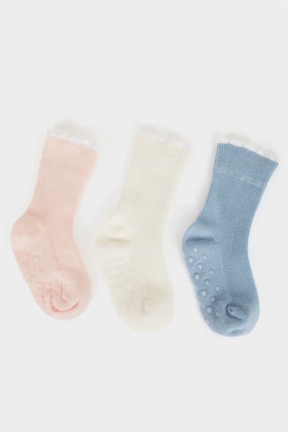 Baby Girl Non-Slip Sole 3 Piece Cotton Long Socks