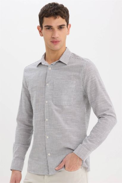 قميص بولو مخطط اسود كم طويل مودرن فيت