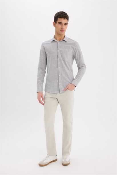 قميص بولو مخطط اسود كم طويل مودرن فيت