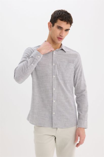 قميص بولو مخطط اسود كم طويل مودرن فيت