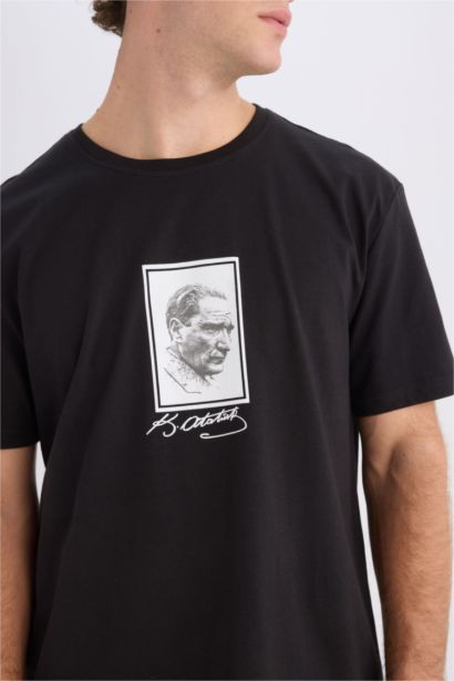 %100 Pamuk Regular Fit Bisiklet Yaka Atatürk Baskılı Kısa Kollu Tişört