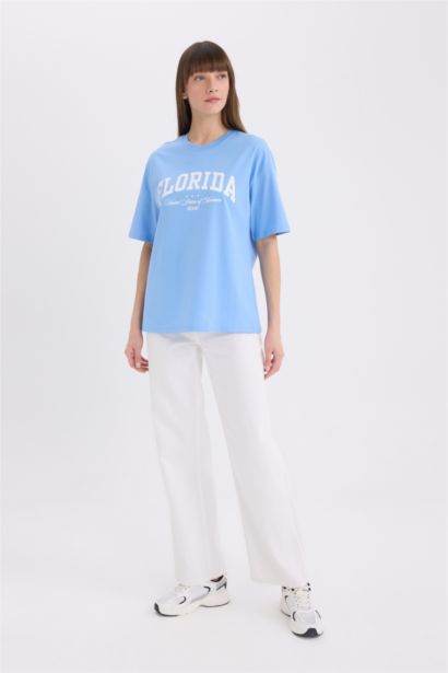 Oversıze Bisiklet Yaka Baskılı Kısa Kollu Tişört