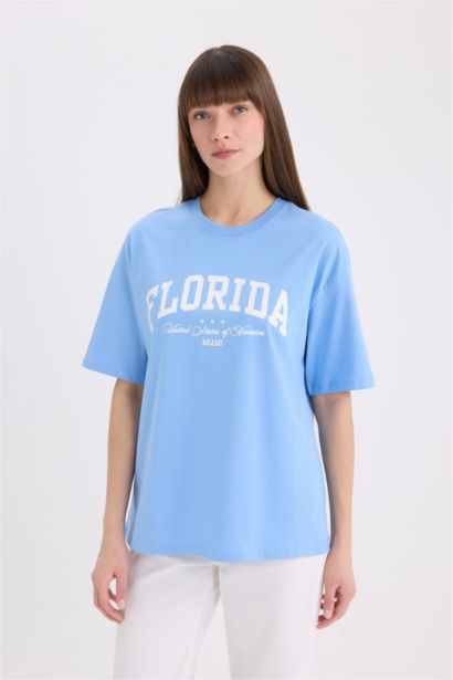 Oversıze Bisiklet Yaka Baskılı Kısa Kollu Tişört