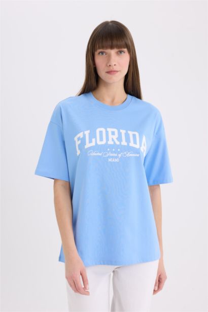 Oversıze Bisiklet Yaka Baskılı Kısa Kollu Tişört