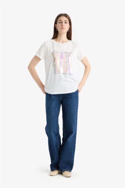 Regular Fıt Bisiklet Yaka Baskılı Kısa Kollu Tişört