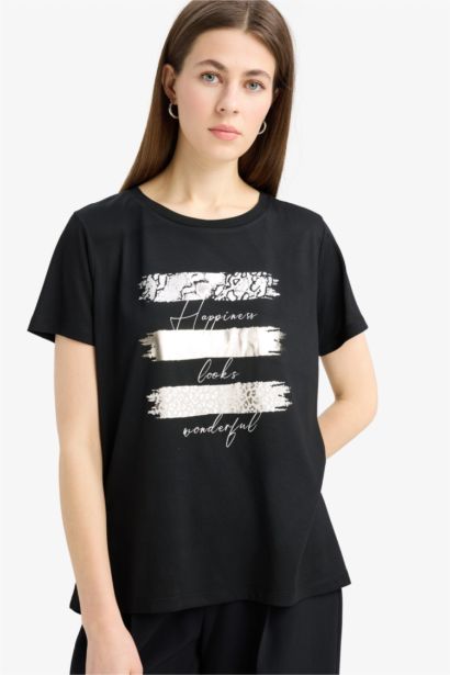 Relax Fıt Bisiklet Yaka Baskılı Kısa Kollu Tişört