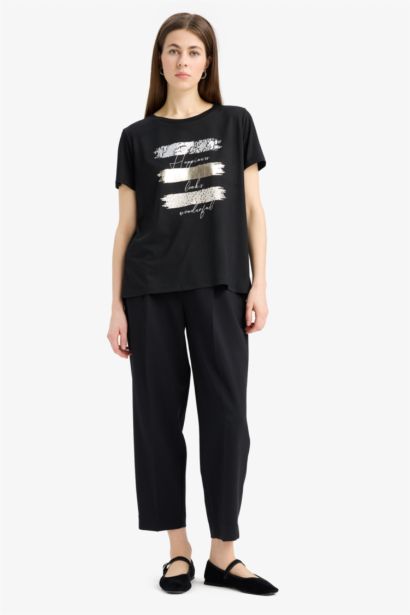 Relax Fıt Bisiklet Yaka Baskılı Kısa Kollu Tişört