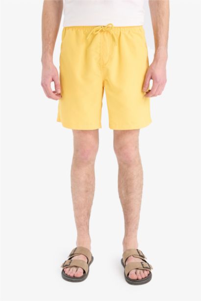 Regular Fit Kısa Boy Cepli File Astarlı Beli Bağcıklı Düz Hafif Kumaş Deniz Şortu