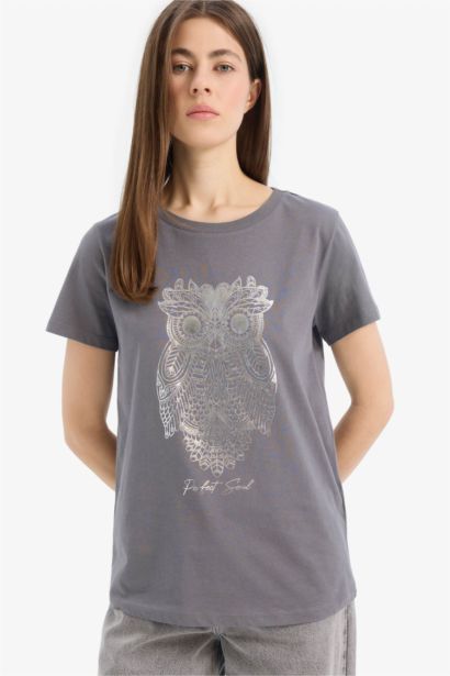 Regular Fıt Bisiklet Yaka Baykuş Desenli Penye Kısa Kollu Tişört