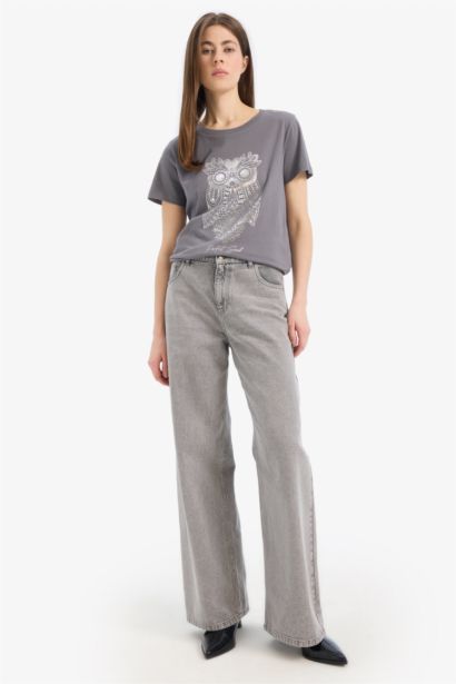 Regular Fıt Bisiklet Yaka Baykuş Desenli Penye Kısa Kollu Tişört